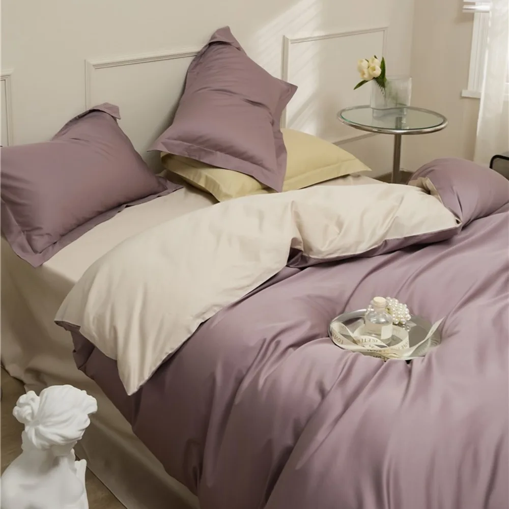Cotton Solid Color Two Tone 4 Piece Bed Sheet Set Fitted Flat Sheet Pillowcases