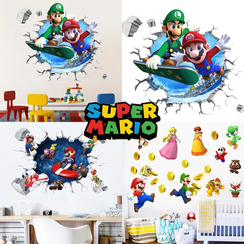 Pegatinas de pared de dibujos animados de Super Mario Bros, calcomanías coloridas y bonitas para dormitorio de niños, decoración de guardería,