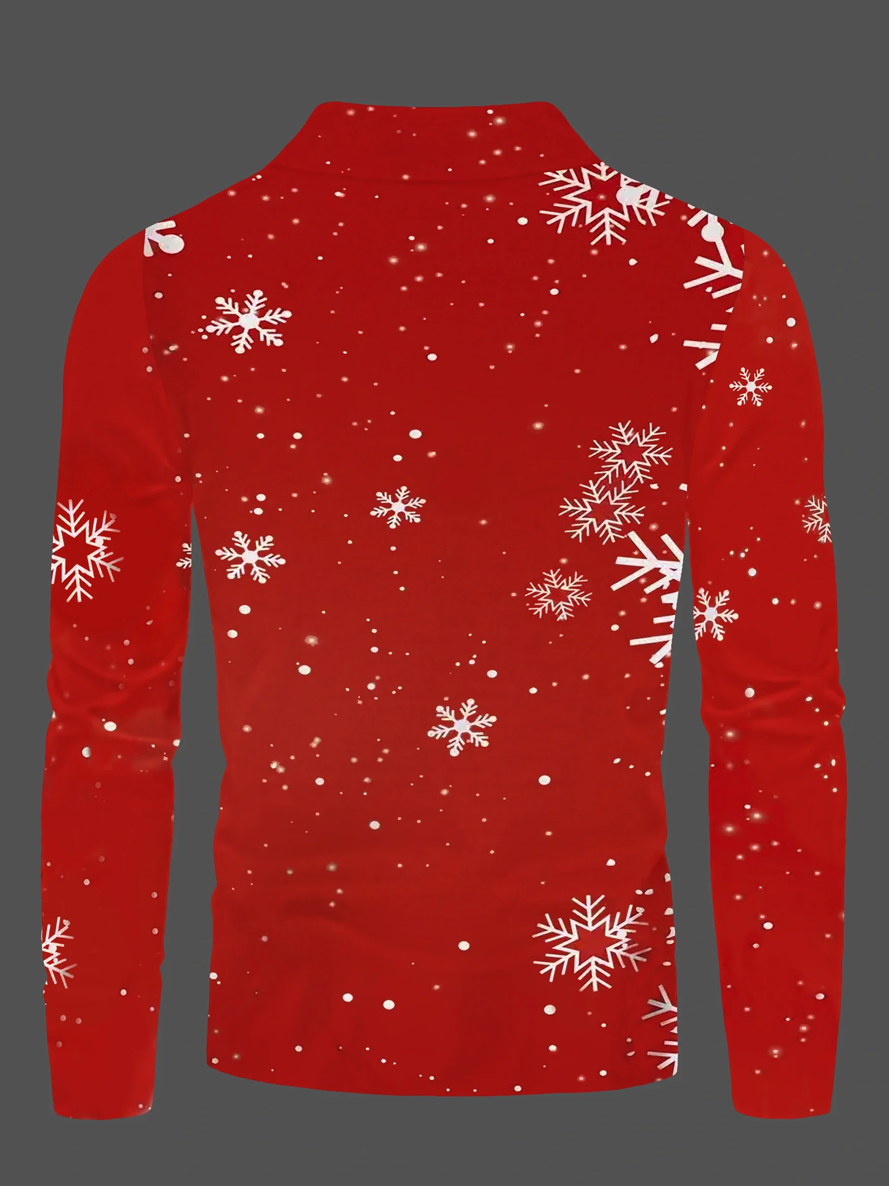 Men's Red Semi-High Neck Long Sleeve T-Shirt, Santa Cuddling Reindeer & Snowflake Print Christmas