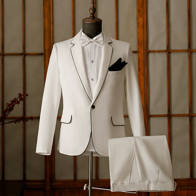 

Men's White Tuxedo Pants Suit Slim Fashion Casual Blazer 2-Piece Set for Singer Host Evening Party Wedding Conductor Stage Suits