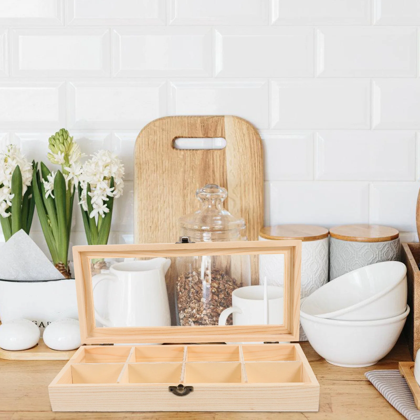 

1pc Wooden Jewelry Display Box With Transparent Lid Compartment Tea Bag Storage Case For Earrings Rings Necklaces Watch