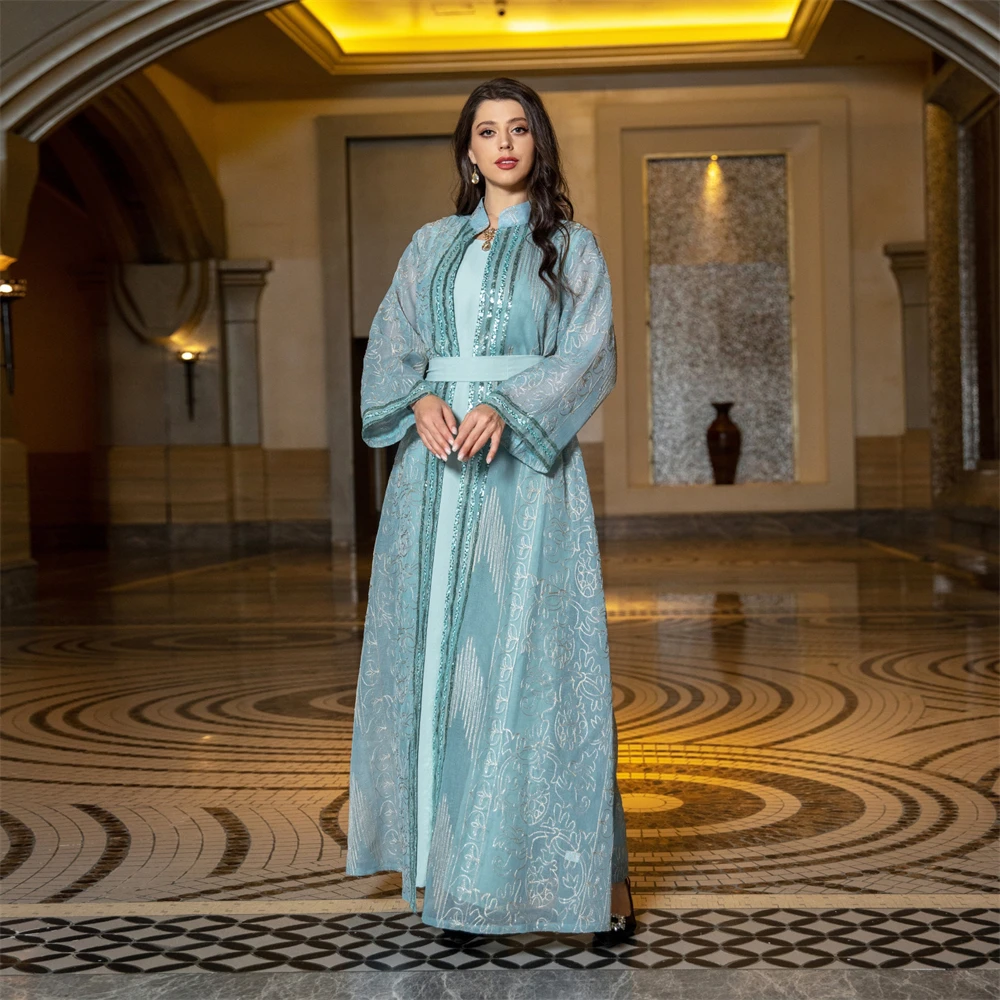 

Embroidery Long Dress Suit for Women Ruffle Sleeve Cardigan and Inner Dress Ramadan Abayas Muslim Robe