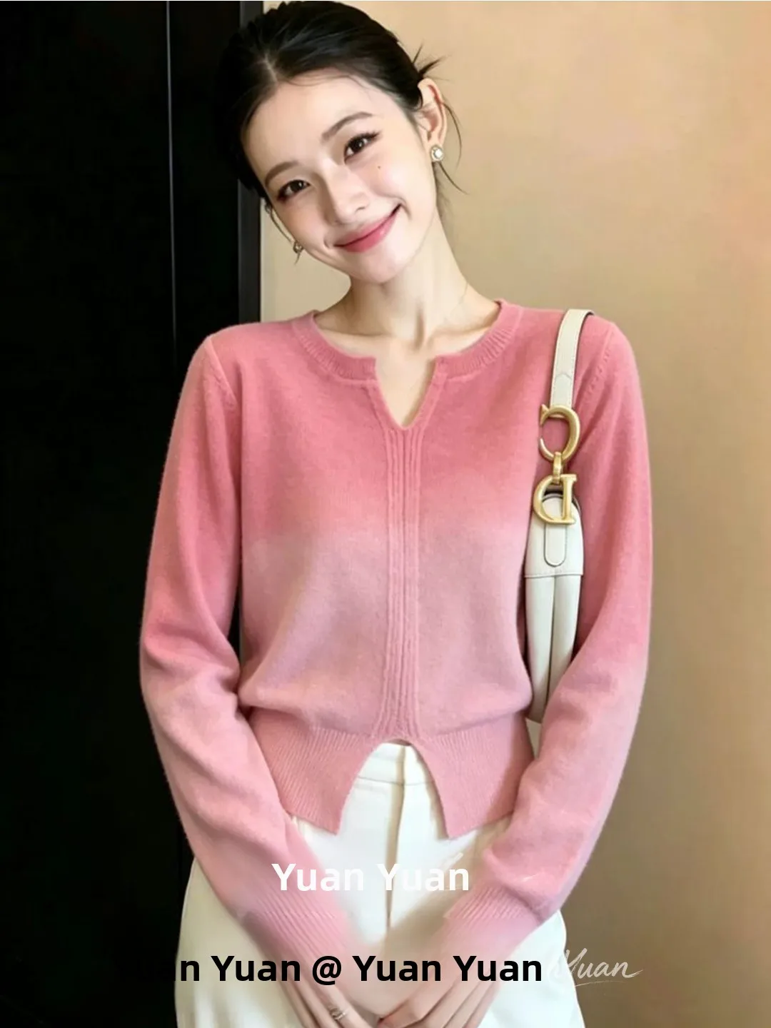 Autumn Winter Gradient Color V-neck Women's Knitwear High Waist Slimming Short Sleeve Long Sleeve Casual Style Knitted Top
