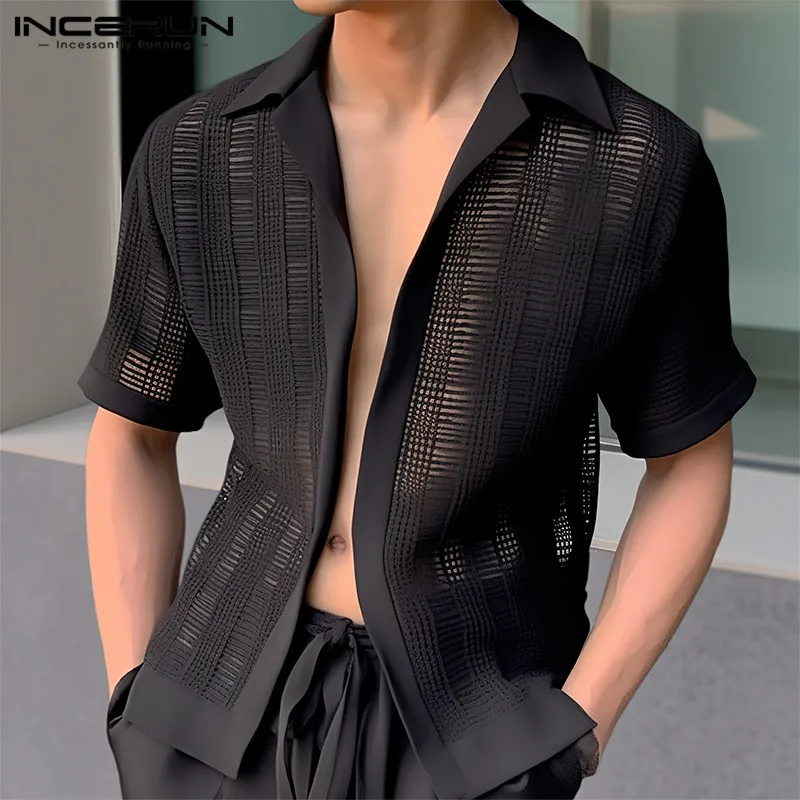 

2024 INCERUN Tops Lapel Men Shirts Mesh See-through Shirt Tee Casual Streetwear Blouse Short Sleeve Chemise Men Clothing