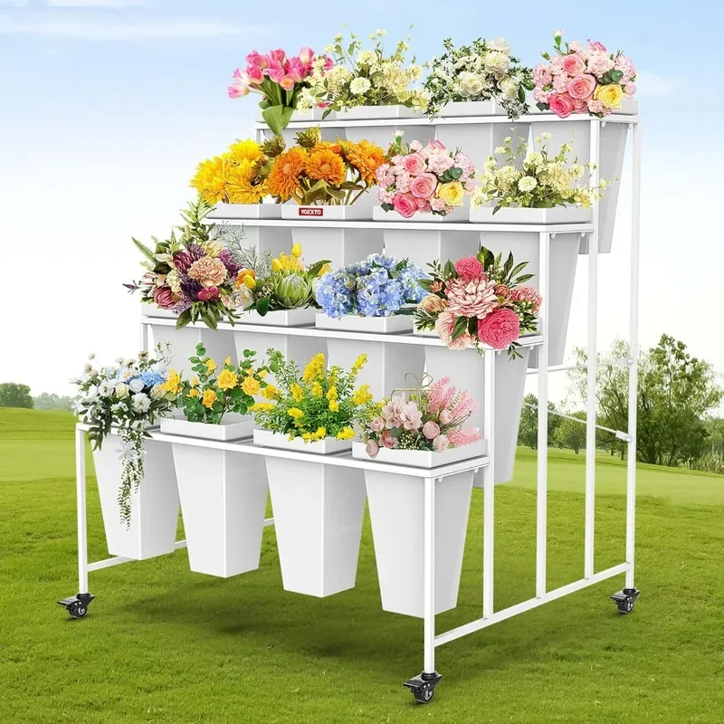 4 Layers Flower Display Stand with Buckets, 16 PCS Buckets Plant Stand with Wheels, Movable Metal Plant Stand for Terrace Garden