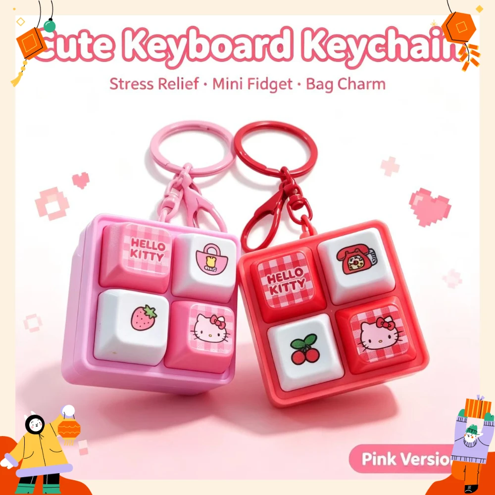 Hello Kitty 4-Key Keycap Fidget Keychain Portable Finger Clicker Bag Pendant Stress Relief Anti-anxiety Cute Gift