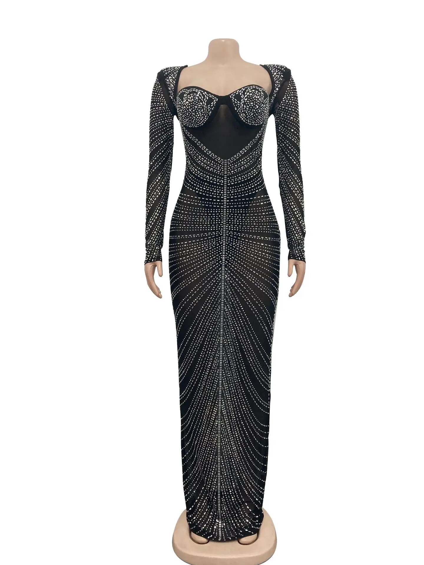 2023 Clothing Summer Diamonds Sheer Mesh Maxi Party Dress Women Strapless Backless Long Sleeve Bodycon Robe Birthday Gifts