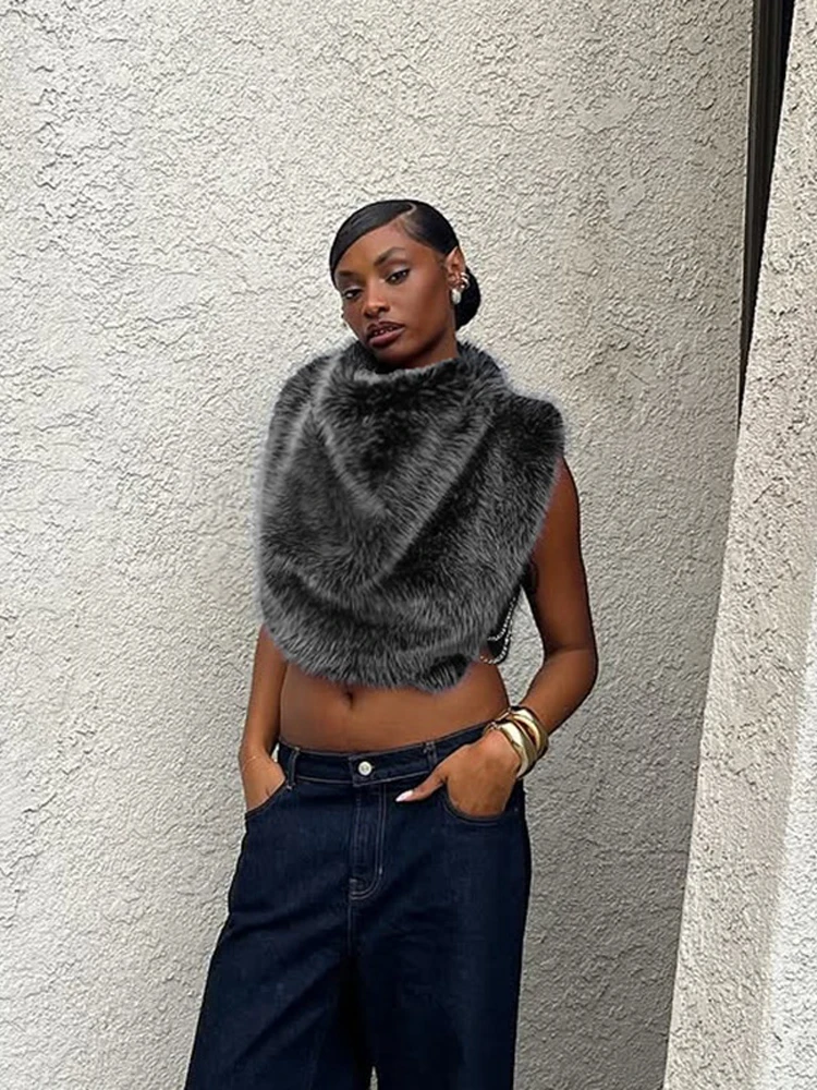 Womens Chocolate Fluffy Faux Fur Stole High Collar Sleeveless Open Front Warm Wrap Fall Winter Party Cocktail Holiday Daily Wear