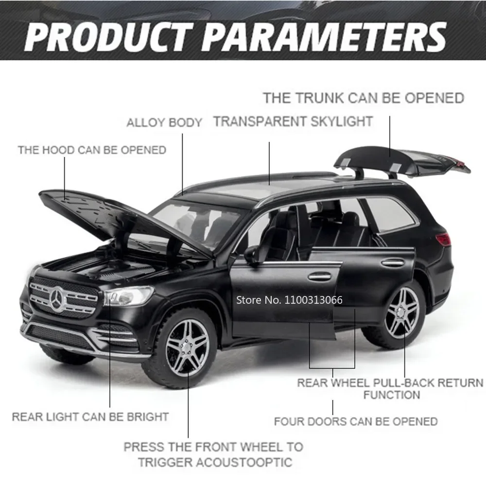 1:32 Benz GLS580 Miniatur-Modellauto, Spielzeug, Legierung, Druckguss, Sound, Licht, Rückzug, 6 Türen, geöffnet, Simulationsfahrzeuge für Kindergeschenke