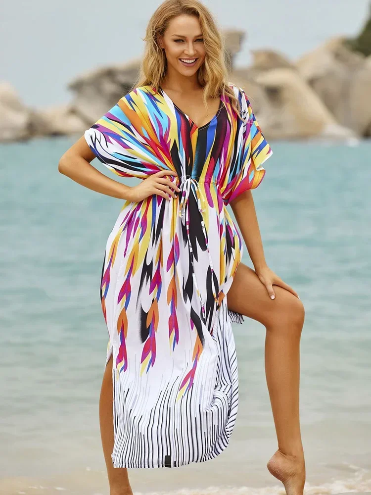 2025 nieuwe Regenboog kleur Beach Cover-Ups Vrouwen Gewaad Lace Up Plus Size V-hals Strand Lange Jurk Zomer Mode badpak Cover Up