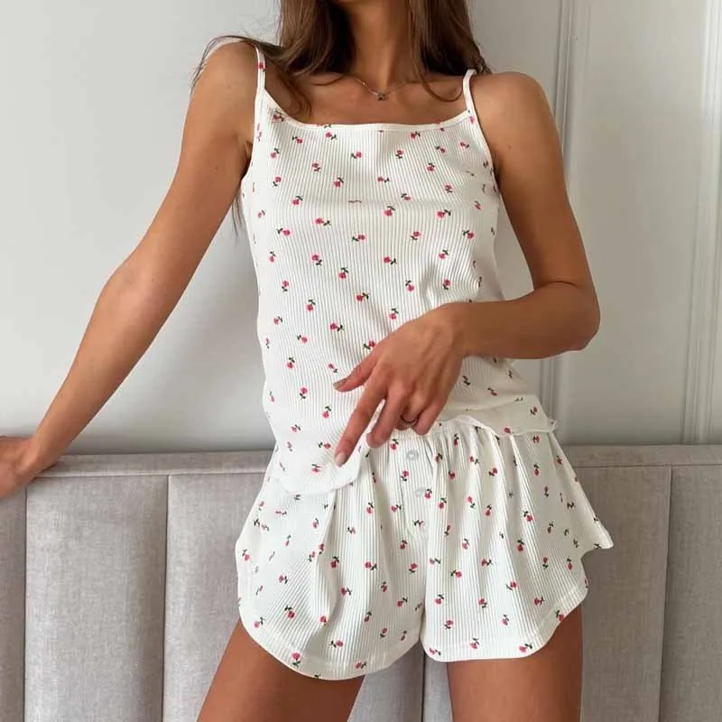 

Women Pajamas Set Summer Russian New Women's Casual Loungewear, Personalized Printing Suspenders Shorts Pajamas Two-piece Set