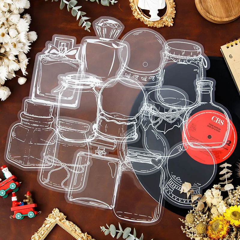 

20pcs/bag Transparent PET Variety Clear Bottle Stickers Big Size Scrapbooking Journaling Collages Material DIY Craft Materials