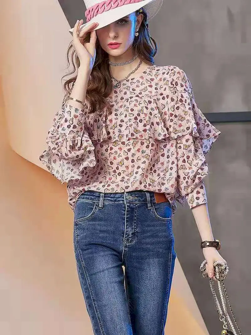 2024 Loose Womens Blouses Fashion All-match Long-sleeved Floral Tops Round Neck Shirts Spring Summer Trend Blouse Women Clothing