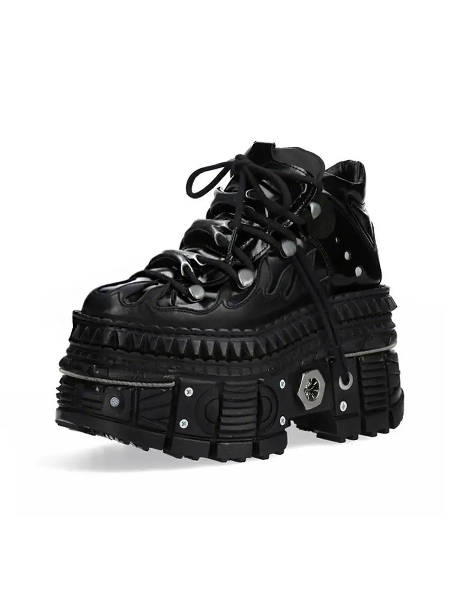 Strappy platform sneakers Punk rock goth style platform shoes Retro metal trim Men's and women's round head high top shoes view 6