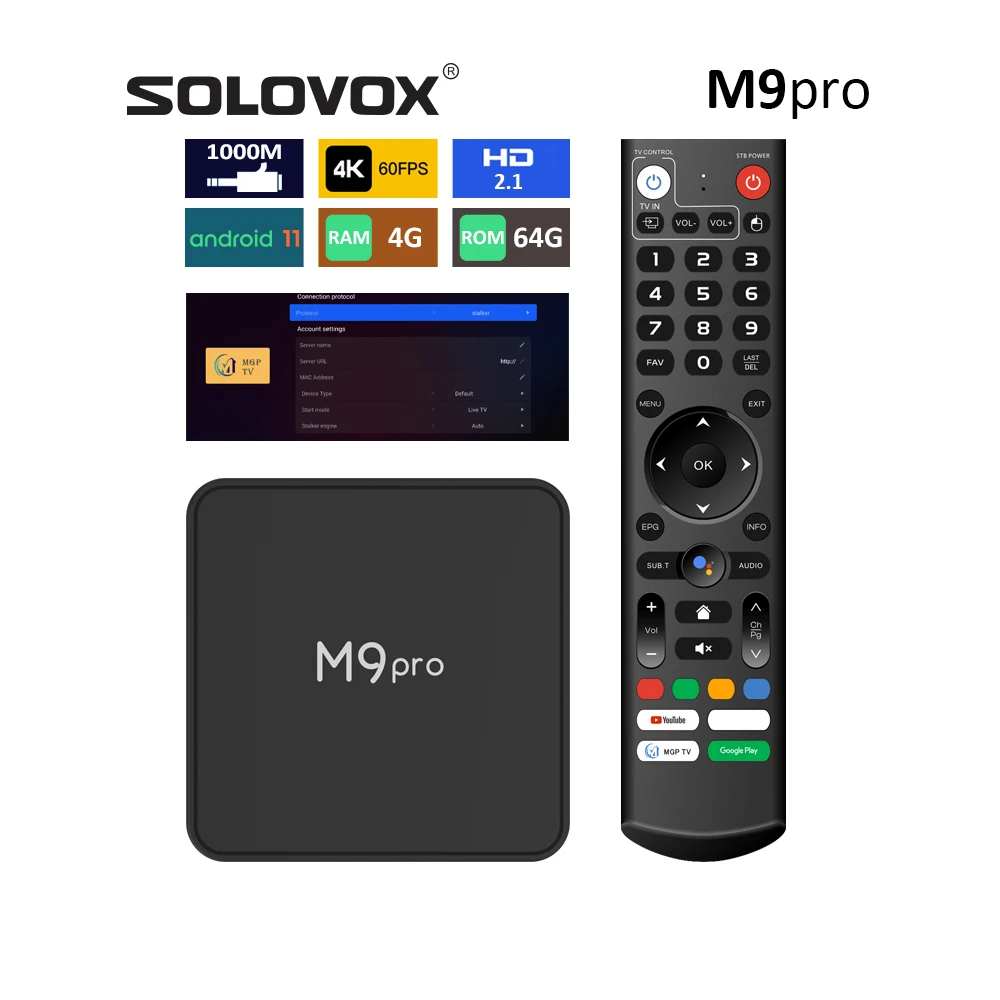 SOLOVOX 2024 M9 Pro MGPTV Android 11 OTT CAJA 4G 64G 1000M LAN S905X4 Quad Core WiFi5G BT5 MGP Stalkerid IP TV M9pro Receptor