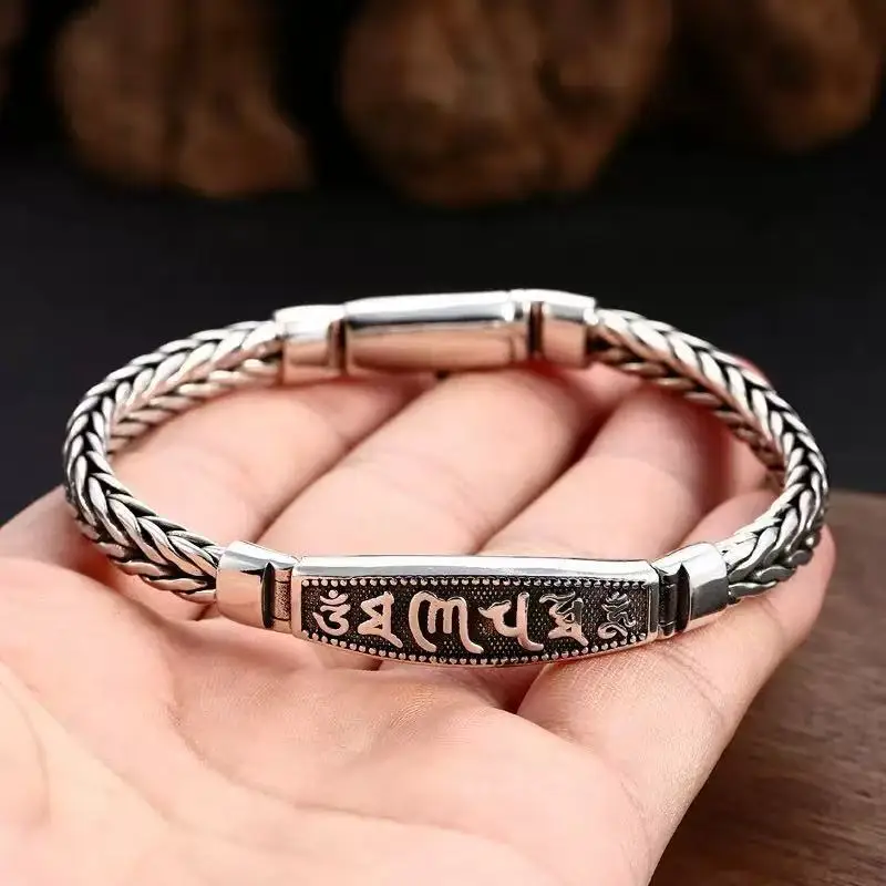 Retro Thai Silver Bracelet Six-Character Mantra Hand Braided Couple Bangle Men Women Jewelry