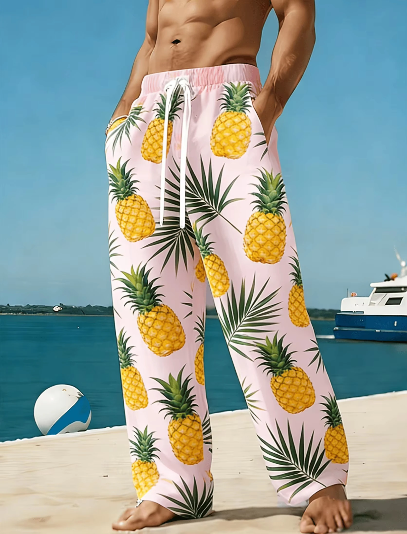 Men's Fresh Pineapple Palm Leaf Print Casual Pants Spring Summer Vibrant Vacation Loose Straight Trousers, Drawstring Waist Kids
