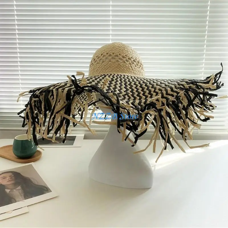 

T21F Handmade Straw Hat Elegant Wide Brimmed Decorated Sun Hat for Women Party British Beach Hat Straw Lady Knitted Straw Hat