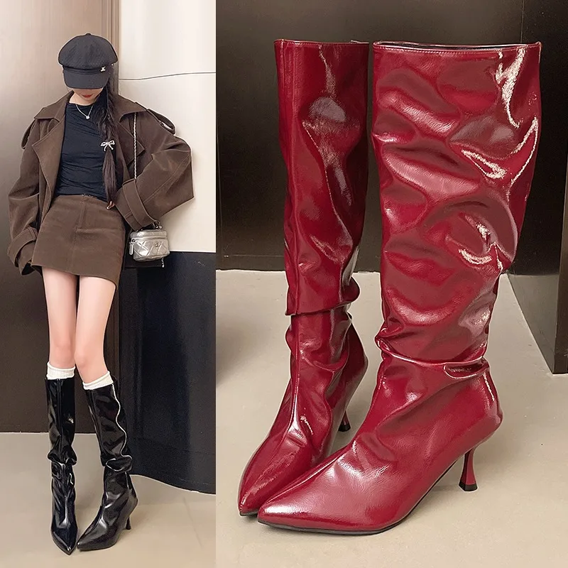 

Winter Fashion Pleated Pointed Toe Women Long Boots Street Style High Heels Party Stripper Female Leather High Booties