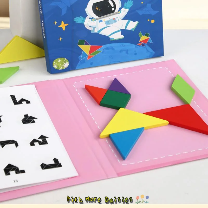 

1 Set Kid Portable Montessori Learning Intelligence Toy Wooden Jigsaw Magnetic Tangram Puzzle Book Educational Toys For Children