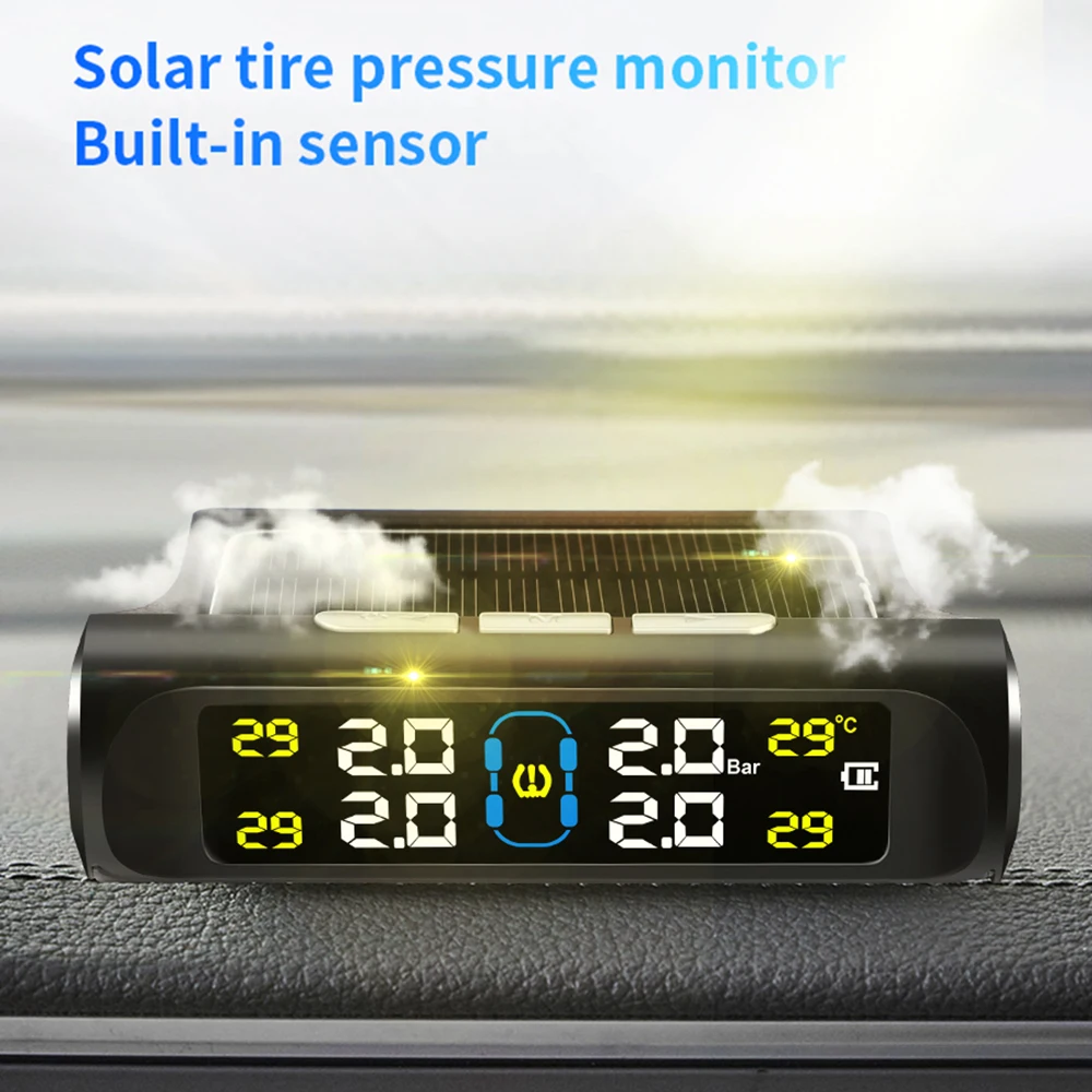 Solar Power Tire Pressure Monitoring System LCD Display TPMS 4 External Sensors for SUV Car Temperature Warning Alarm Systems