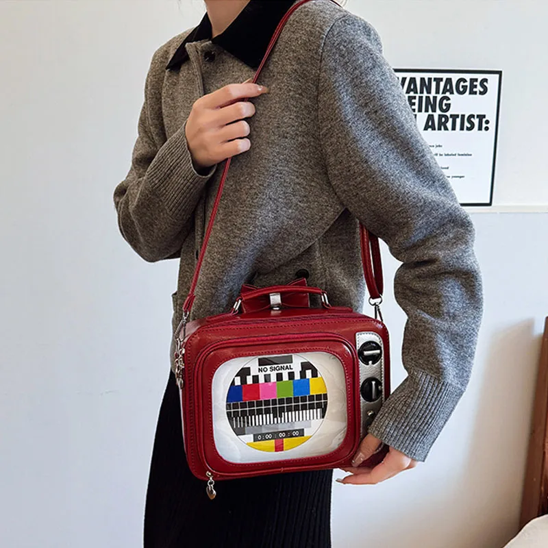 

Женская забавная сумка на плечо с героями мультфильмов, милая повседневная сумка через плечо из искусственной кожи, креативная маленькая ретро-телевизор, прозрачные квадратные сумки на молнии