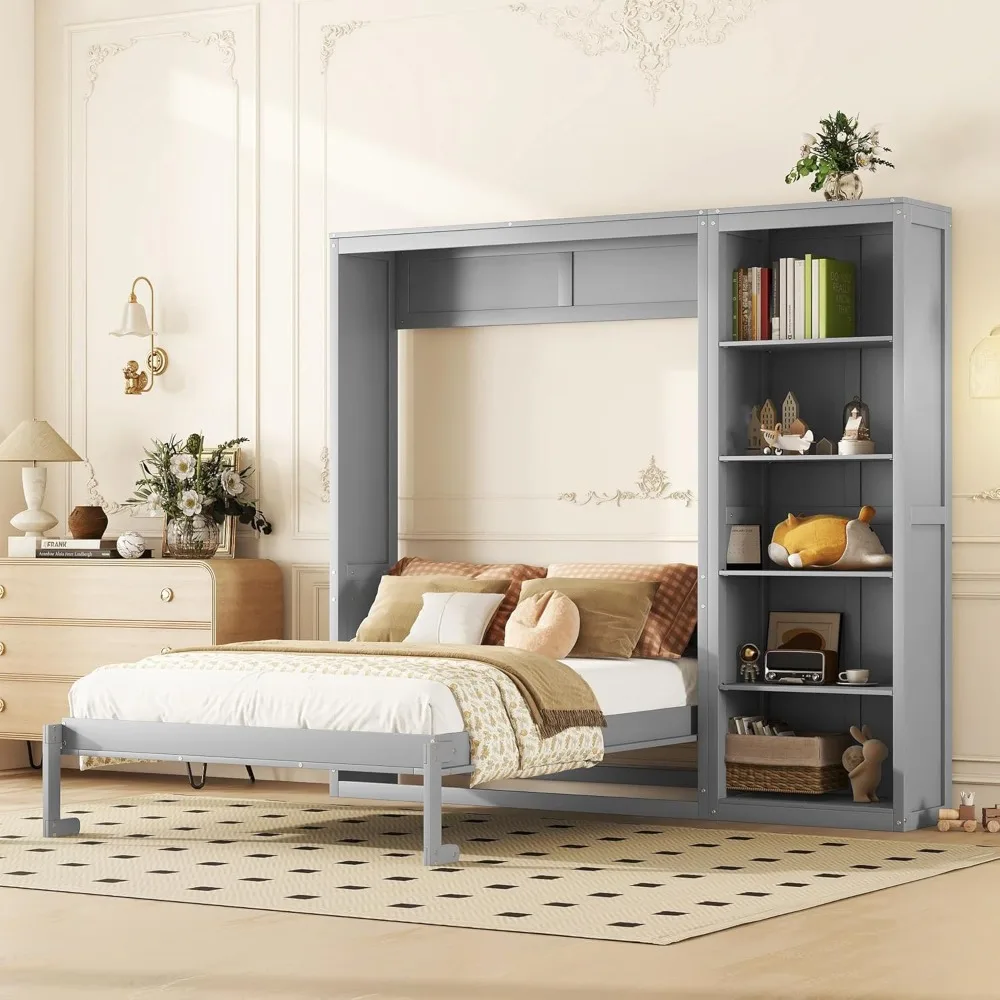 Queen Murphy Bed Wardrobe, Wood Wall Bed Frame can be Folding into a Cabinet, Multifunctional Foldable Platform Bed Frame