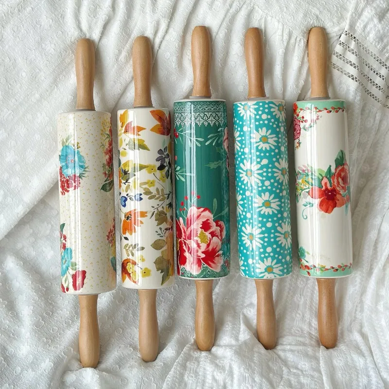 Pioneer Woman Ceramic Rolling Pin Hand-Painted Underglaze Print Kitchen Baking Tool Elegant Country Style