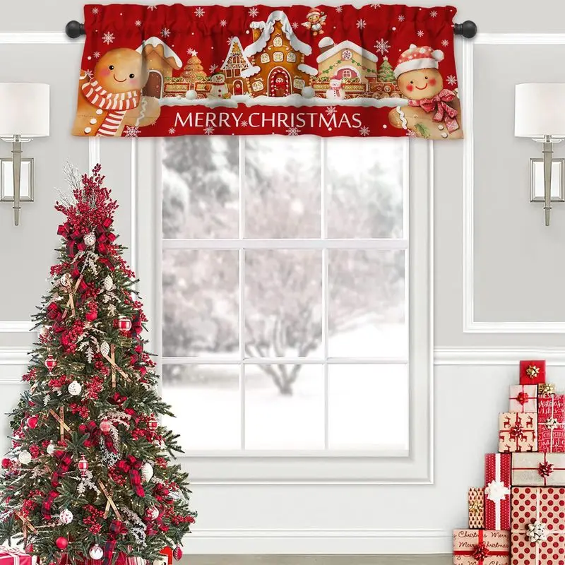 VIKAMA Red Gingerbread House Village Cookie Man Holiday Greetings Christmas Short Window Curtain Cute Cartoon Festive Home Decor
