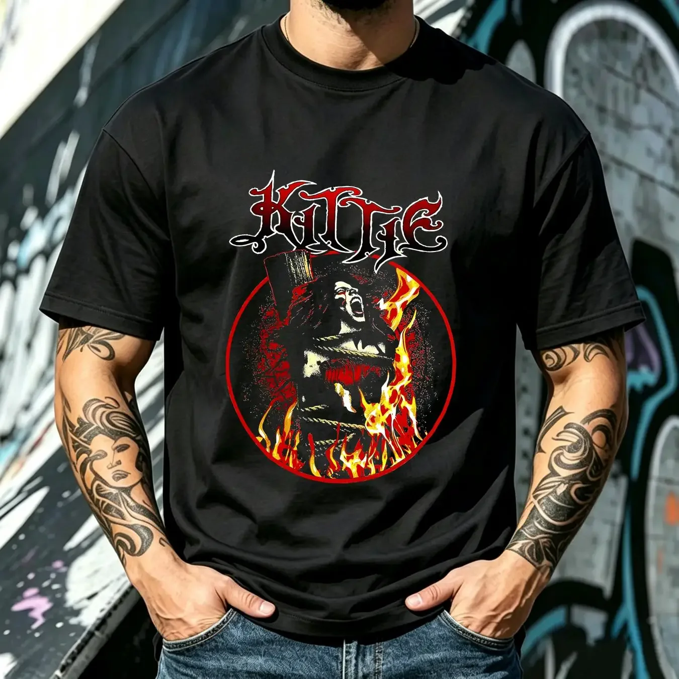 washed T Shirt Vtg Kittie Band For Fans Heavy Cotton Full Size Black C958 long sleeves vintage Washed Casual Versatile homme