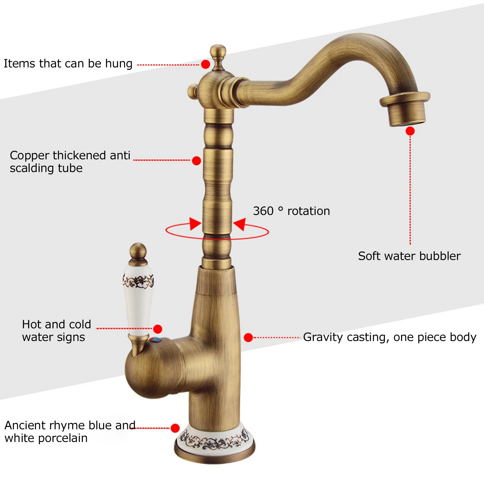 Antique Kitchen Faucet Gold All Copper European Antique Hot Cold Mixed 360° Rotating Kitchen Bathroom Sink Faucet