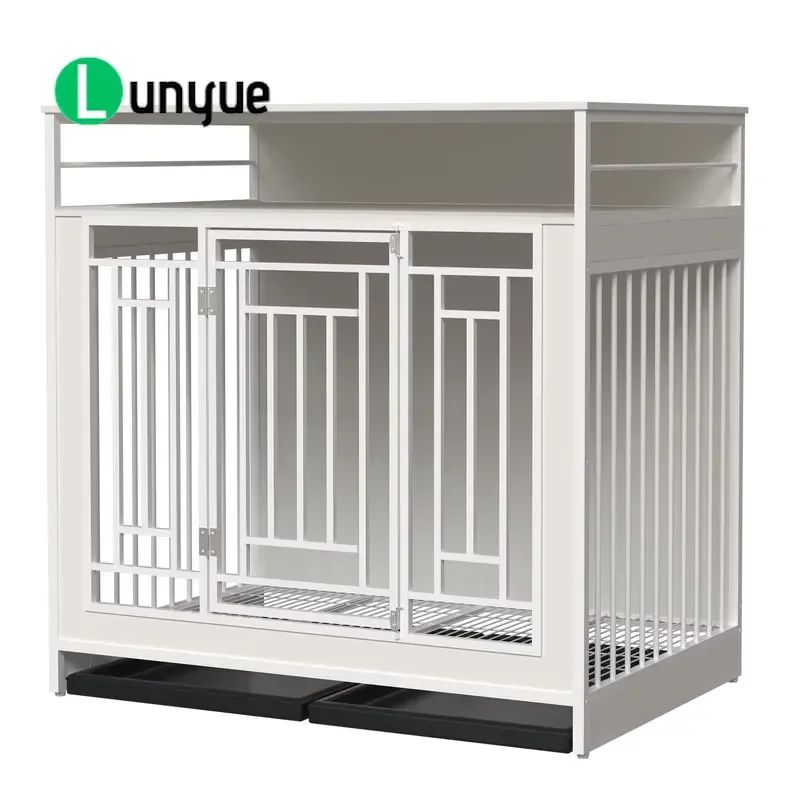 43.3 Inch Wooden Dog Crate Furniture for Large Dogs with Divider Double Door Kennel Three Drawer Storage Home Decor