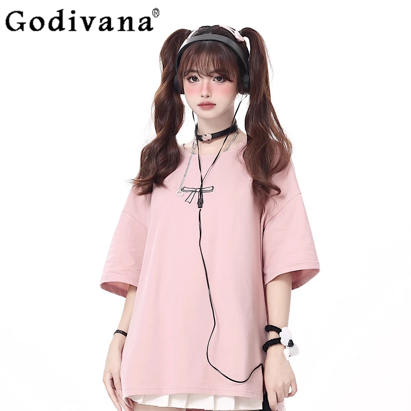 

Summer New Sweet Personalized Bow Lace-up Loose Cool Girl Versatile T-shirt 2025 Short Sleeve Round Neck Chic Print Elegant Top