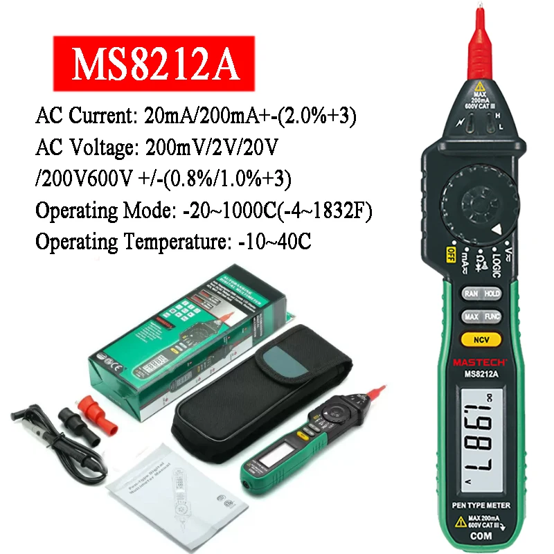 MASTECH MS8212A Stift-Typ Digitalmultimeter Voltmeter DC AC Spannung Strom Tester Amperemeter Dioden-Kontinuitäts-Kapazitätsmessgerät