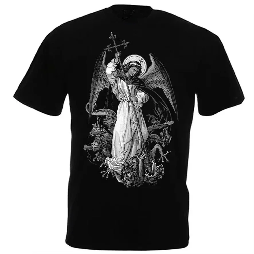Saint Michael The Archangel Destroy Devil Catolic T-Shirt Premium Short Sleeve O Neck Mens T Shirt New Loose Summer Tees Top