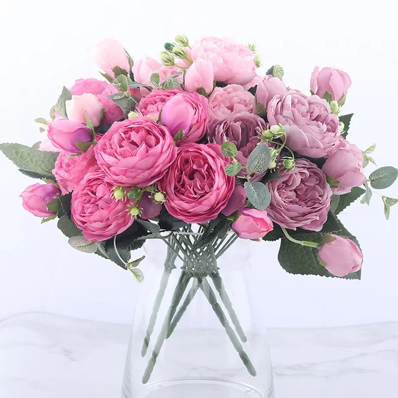 Rose 30cm Pink Silk Peony Artificial Flowers Bouquet 5 Big Head and 4 Bud Cheap Fake Flowers for Home Wedding Decoration indoor