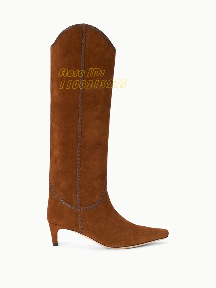 Western Suede Small Square Toe Boots Knee High Middle Heel Hot Sale Handmade Runway 2026 Winter Autumn Women Dress Shoes Slip On