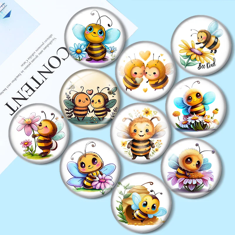 Lovely Cartoon Bee happy Honey New Cute Bee  10pcs 12mm/18mm/20mm/25mm Round photo glass cabochon demo flat back Making findings