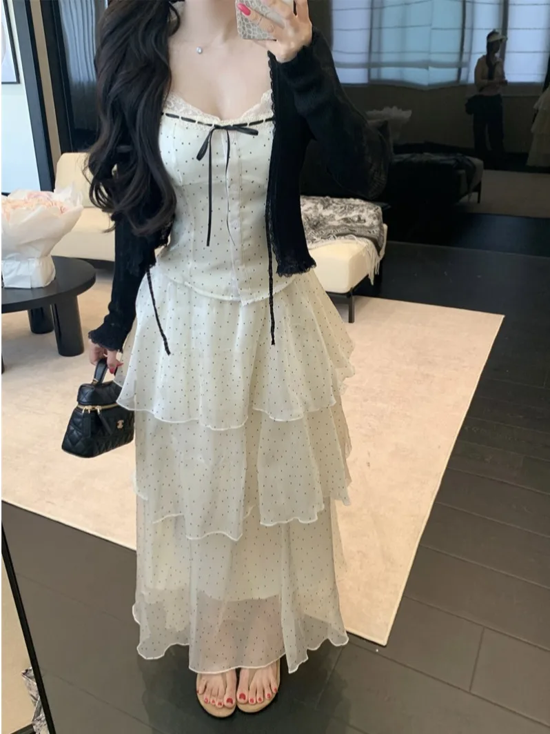 

Summer Women's Polka Dot Sundress with Sun Protection Large Swing Strap Design Fashion Sensation Slimming Cardigan Set