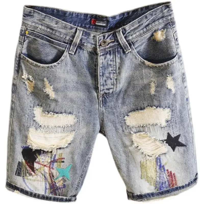 Short Jeans Pants For Men Graphic Multi Color Embroidery Man Denim Shorts New In Original With Youthful Emo Thin Summer Xxxl Xl