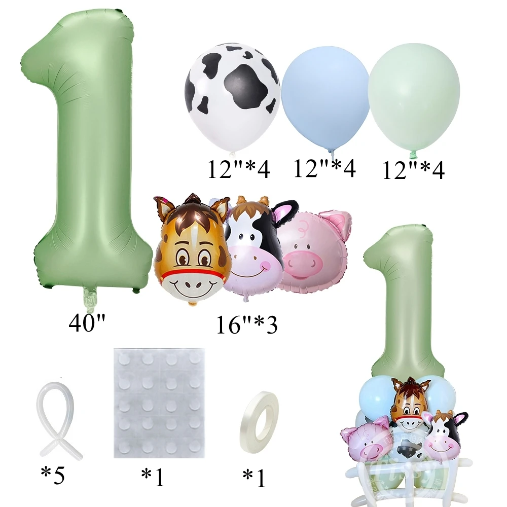 23pcs Farm Animal Balloon Tower Carton Cow/Pig Balloon with Green Number Balloon for Kids Farm Animal Birthday Party Decorations