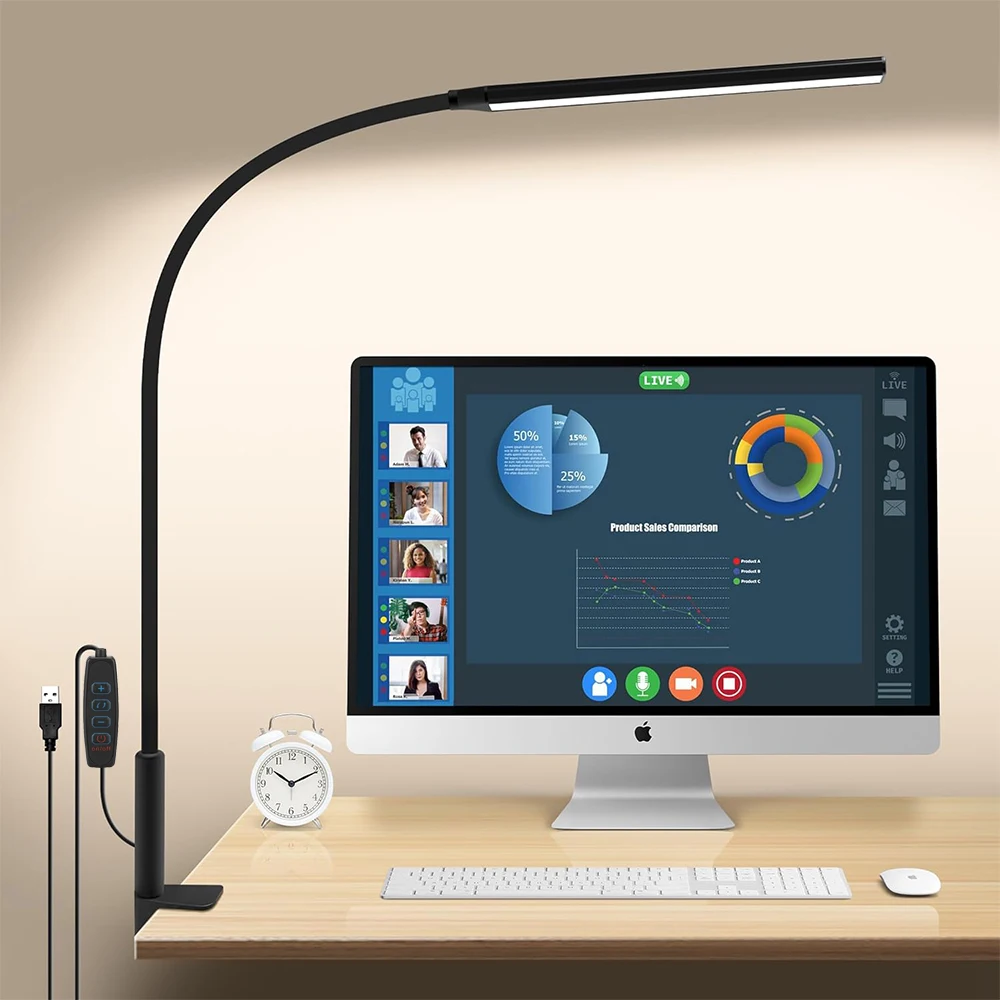 

LED Desk lamp with Clamp Eye-Caring Clip on Lights for 3 Modes 10 Brightness Long Flexible Gooseneck Home Office Table Lamp