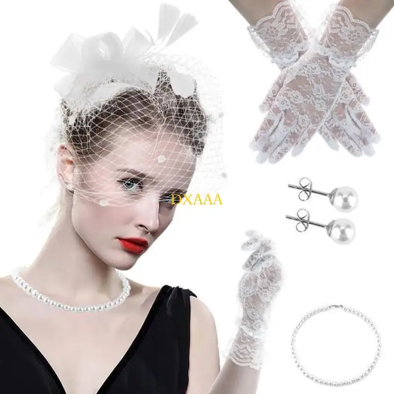 DXAA Vintage Mesh Fascinator Headwear for Teaparty Exaggerated Feathered Headpiece Lace Gloves for 1920S Masquerade Party