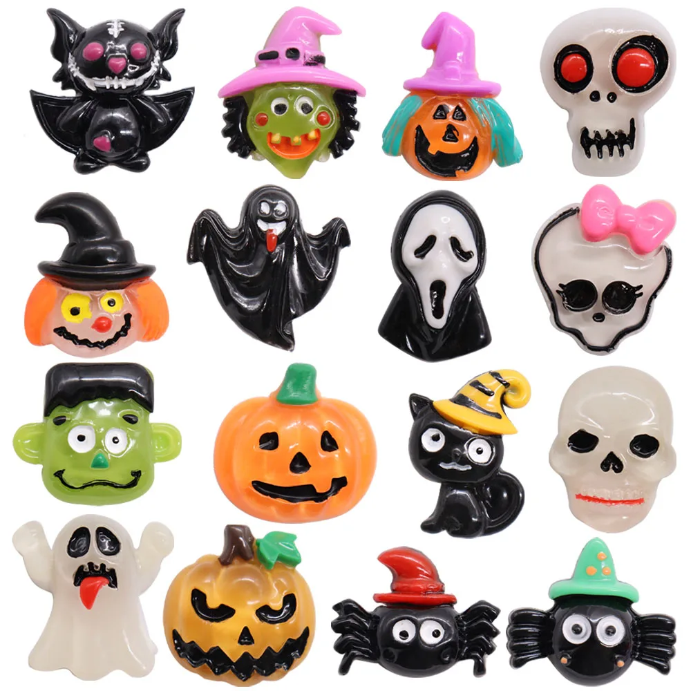 Mix 50pcs Resin Kawaii Skeleton Ghost Spider Cat Pumpkin Bat Sandals Charms Children Shoe Buckle Accessories Decoration Kid Gift