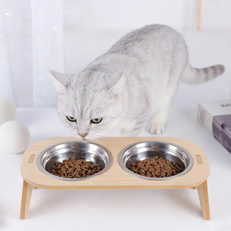 Nuevas Comederos Elevados para Gatos, Comedero para Mascotas 15 ° Comederos elevados inclinados para gatos con soporte de madera y tazones de acero inoxidable para gatos y cachorros
