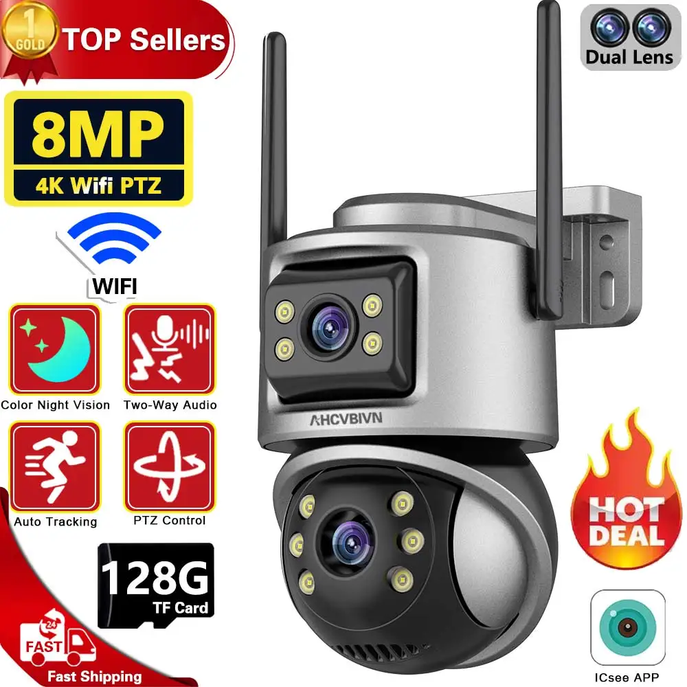 

Outdoor Wifi PTZ Camera 4K 8MP HD Dual-Lens Dual Screen Camera AI Auto Tracking 4MP Video Surveillance Human Detect Alarm iCSee