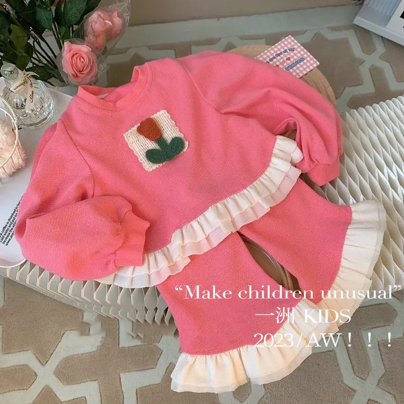 Children's Clothing Sets Floral Decoration Lace Tops + Pants 2Pcs Kids Clothes Girls for 1 To 5 Years Baby Girl Outfit Set image 4