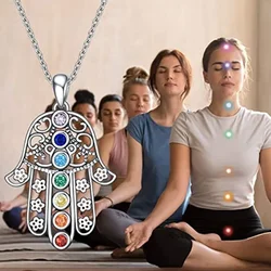 Exquisite Female Hamsa Hand of Fatima 7Chakras Pendant Gemstone Necklace for Women Banquet Party Jewelry Accessory Family Gift