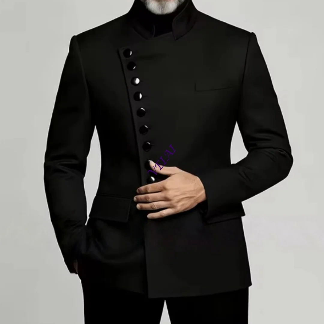 Black Stand Collar Slim Fit Men's 2-Piece Suit Asymmetric Button Closure Blazer Formal Gala Party Business Banquet Events