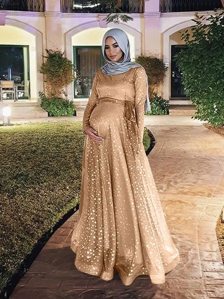 Muslim Floor-length Pregnant Dress Women Sequin Long Dresses Maternity Long Pregnancy Dress Vestidos Big Swing A-line maxi robe